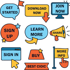 "Hand-Drawn Call-to-Action Icon Set Featuring Get Started, Download Now, Sign Up, Buy, Learn More, Share, and More for Digital Marketing, Web Design, Ecommerce, and Social Media – Creative Vector Icon