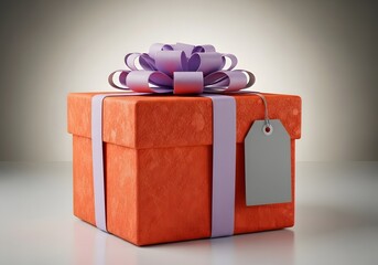 Beautiful Gift Wrapped in Orange Paper with Lilac Bow and Tag