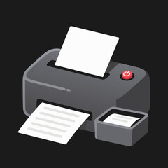 Gray printer with paper in input and output trays on dark background in vector illustration