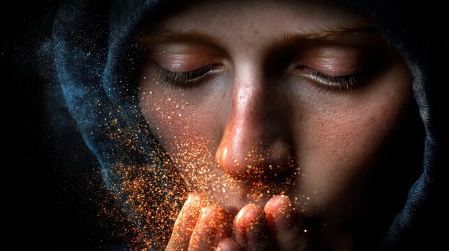 Close-up of a woman with closed eyes wearing a hoodie, with particles floating around her face - Powered by Adobe