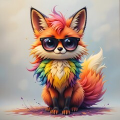 Obraz premium Stylized rainbow fox with sunglasses sitting on soft background in colorful cartoon illustration