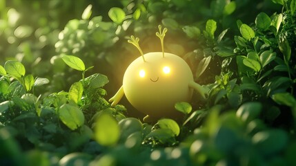 Light-filled, rounded creature nestled amidst lush foliage.
