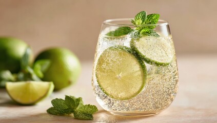 Refreshing sparkling drink with lime slices and mint sprigs, a cool and invigorating beverage on a bright .