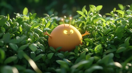 Playful, glowing orb nestled amidst lush greenery.