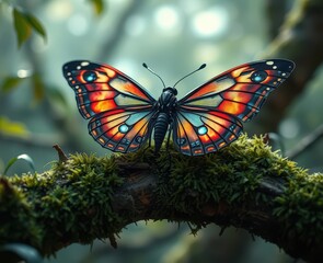 Fototapeta premium A cybernetic butterfly with metallic wings and glowing circuits resting on a mossy tree branch Generative AI