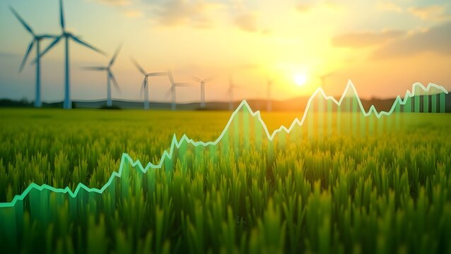 A sunset over a green field with wind turbines, featuring digital data overlays to symbolize renewable energy and technology integration