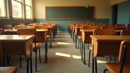 A back-to-school concept: an empty classroom with vintage-toned wooden chairs.
