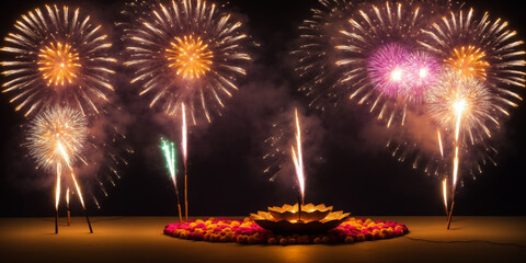 Magnificent Fireworks Display Above Illuminated Temple Against Night Sky
