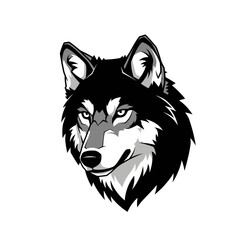 Naklejka premium A fierce black and white graphic illustration of a wolf's head with an intense gaze.