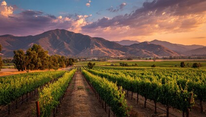 Fototapeta premium Rows of grapevines stretch into the distance under a vibrant sunset sky, framed by rolling hills and lush greenery in a peaceful valley.