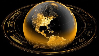 Earth globe, golden ring, tech interface