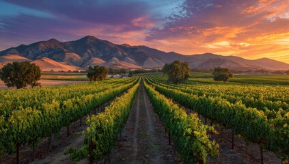 Naklejka premium Rows of grapevines stretch towards distant mountains under a vibrant sunset sky, promising a bountiful harvest in the tranquil countryside.