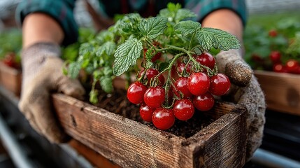 Hands holding a wooden box of cherry tomatoes