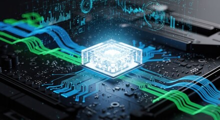 Computer chip on circuit board with digital overlay