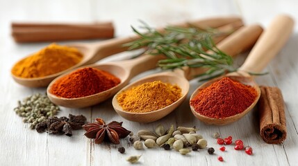 Assorted Spices on Wooden Spoons in Rustic Setting