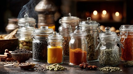 Assorted Spices in Glass Jars on Rustic Kitchen Table