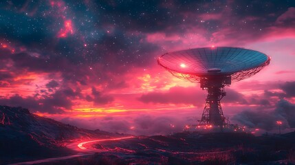 Stunning photo of a large radio telescope against a vibrant crimson sunset sky