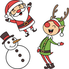 Cheerful Santa Claus and a snowman celebrate the winter holiday season with a festive bag of gifts