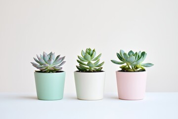 Obraz premium Three succulents in pastel green, pink, and white pots arranged neatly on plain white background, simple elegant plant display with small leaves