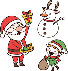 Merry Santa Claus cartoon character with a gift bag full of presents for Christmas and winter holiday celebrations