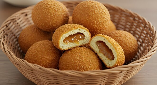 Realistic image of golden misro with glistening palm sugar oozing from the center, placed on a neutral background with warm light.