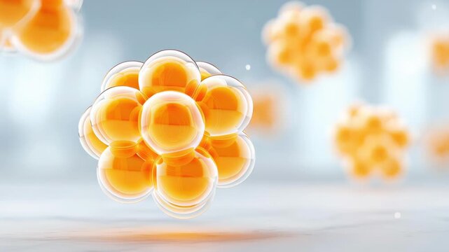 A vibrant, scientific illustration of orange bubbles floating in a soft-focus background, symbolizing cellular or molecular structures.