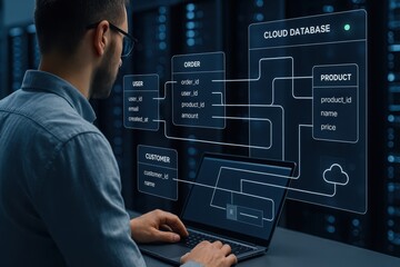 Engineer managing cloud database with user, order, and product schema displayed on digital interface
