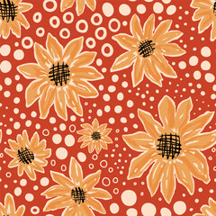 Hand painted sunflowers, polka dot ornament. Cute circle shapes decorated autumn blooming yellow flowers seamless pattern. Fall or summer wildflower vector print, background, wallpaper, textile design