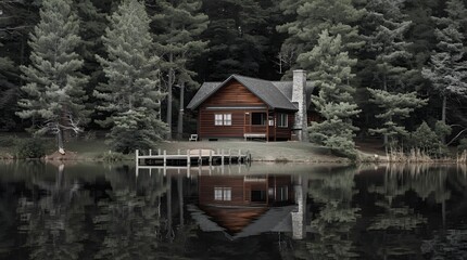 Wooden Cabin by Lake with View of Forests