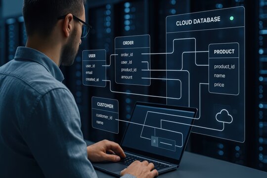Engineer managing cloud database with user, order, and product schema displayed on digital interface
