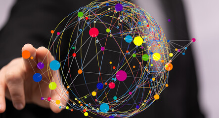 Abstract image of a global network with colorful nodes and connecting lines. Represents connection, communication, and technology.