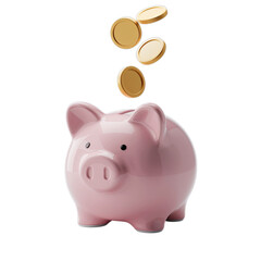 Gold coins falling into a pink piggy bank for savings.

