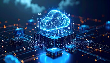 Glowing Cloud Computing Network with Data Servers and Connection Lines