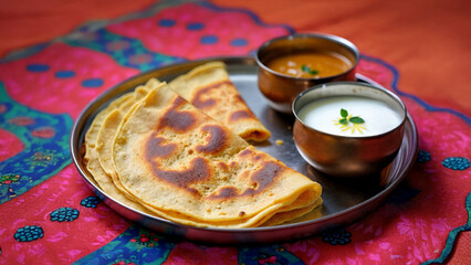 Indian breakfast featuring masala dosa served with coconut chutney and sambar in steel bowls, beautifully presented against a vibrant background of traditional textiles.