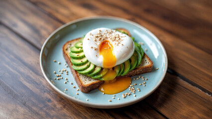 Toasted sourdough bread with avocado and poached egg, sesame seeds, healthy and trendy minimalist breakfast served on a clean plate.