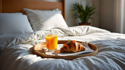 Sunny morning breakfast tray with orange juice, croissant, newspaper, cozy bed setting, white sheets, natural soft shadows.