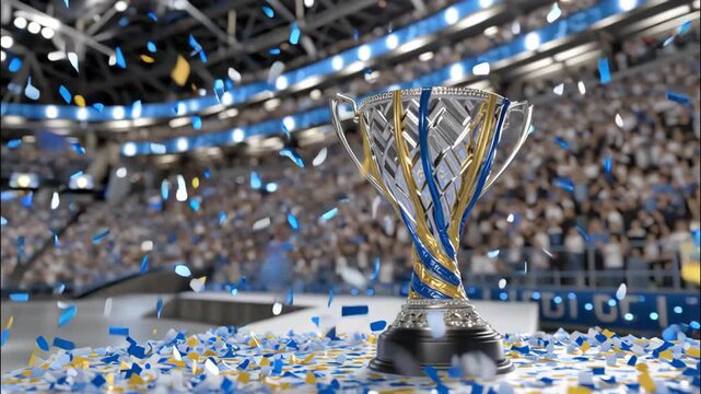 Celebratory Moment of Victory with Trophy Surrounded by Colorful Confetti in a Vibrant Arena Setting