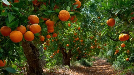 Vibrant orange grove under sunlight with ripe fruit in abundance