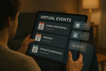 Man browsing virtual events schedule including webinar, online workshop, and digital conference dates
