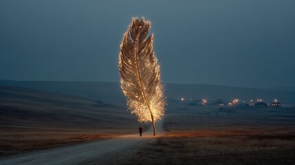 Lone figure walks towards a giant luminous feather on a dirt road, at dusk, in a rural setting