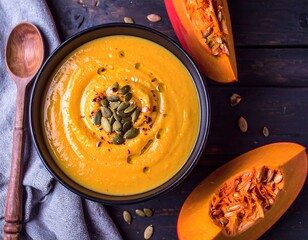 Creamy pumpkin soup with seeds and olive oil