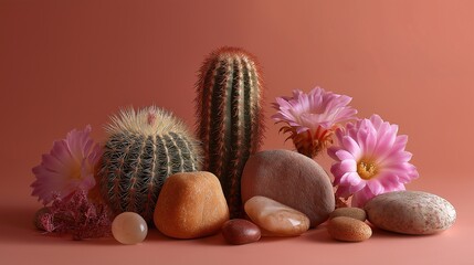 Cactus arrangement with vibrant flowers and smooth stones on a peach background