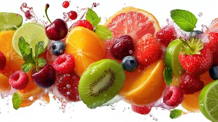 Fresh fruits splashing in water create a vibrant and colorful display