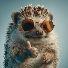 Hedgehog wearing sunglasses gives thumbs up in playful pose