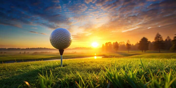 A golf ball rests on a tee, bathed in the warm glow of a sunrise over a serene golf course