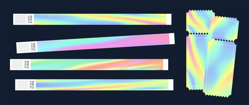 Festival Wrist Band Party Bracelet Mockups Set. Hologram Gradient Music Concert Event Wristband Bright Color Pass Templates. Vector Entry Stickers. Neon Style Access Arm Paper Admission Lanyards - Powered by Adobe