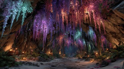 Luminous cave with colorful, hanging crystals and lanterns