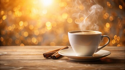 Obraz premium Warm Aromatic Coffee with Cinnamon Sticks on Wooden Table Against a Festive Bokeh Background