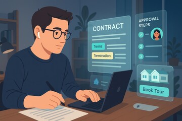 Obraz premium Illustrated man signing rental contract with digital approval steps and real estate tour booking on laptop 