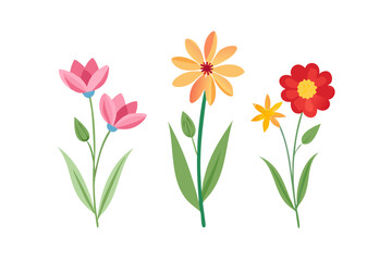 Three colorful cartoon flowers isolated on transparent background